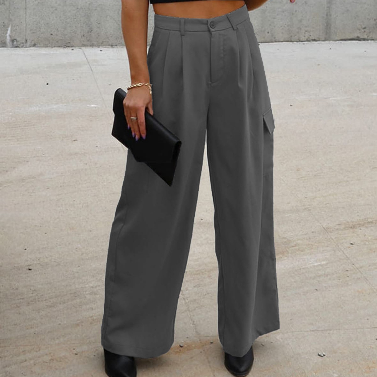 thumbnail image 2 of Pantalones cargo anchos lisos para mujer: cintura elástica, corte holgado, tejido de poliéster, adorno de botones, aptos para primavera/verano/otoño, ropa informal y para actividades al aire libre, 2 of 8